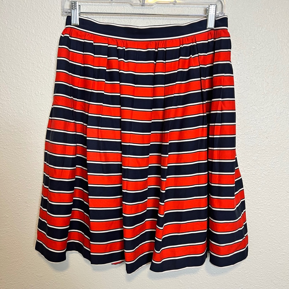 100% Silk J. Crew Pleated Skirt Size 4 Red Navy White Stripe A-Line‎